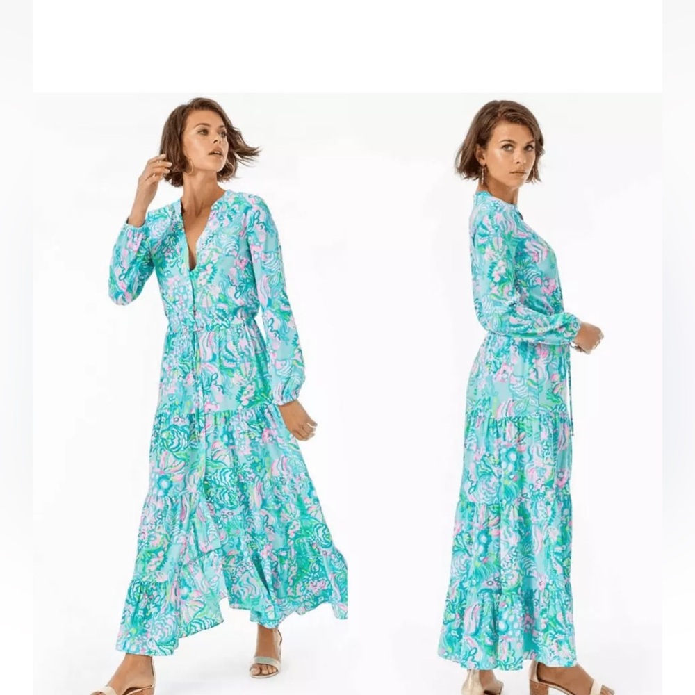 Lilly Pulitzer Aqua La Vista CORI STRETCH MIDI SHIRTDRESS Blue Ibiza Dress